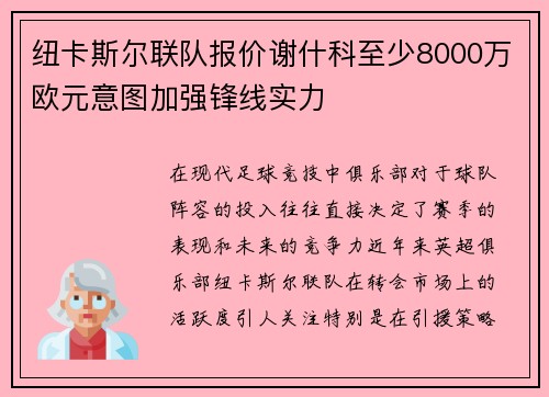 纽卡斯尔联队报价谢什科至少8000万欧元意图加强锋线实力